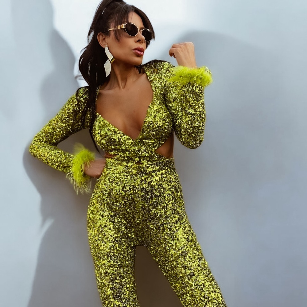 Green Disco Queen Festival Jumpsuit, Studio 54 Jumpsuit, Flared Leg Jumpsuit - Picture 9 of 10